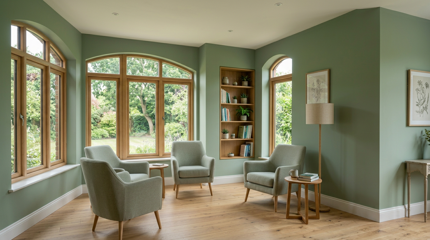 Therapy room with massage table, cushioned armchair, wooden shelves with plants and books, large arched windows showing green garden