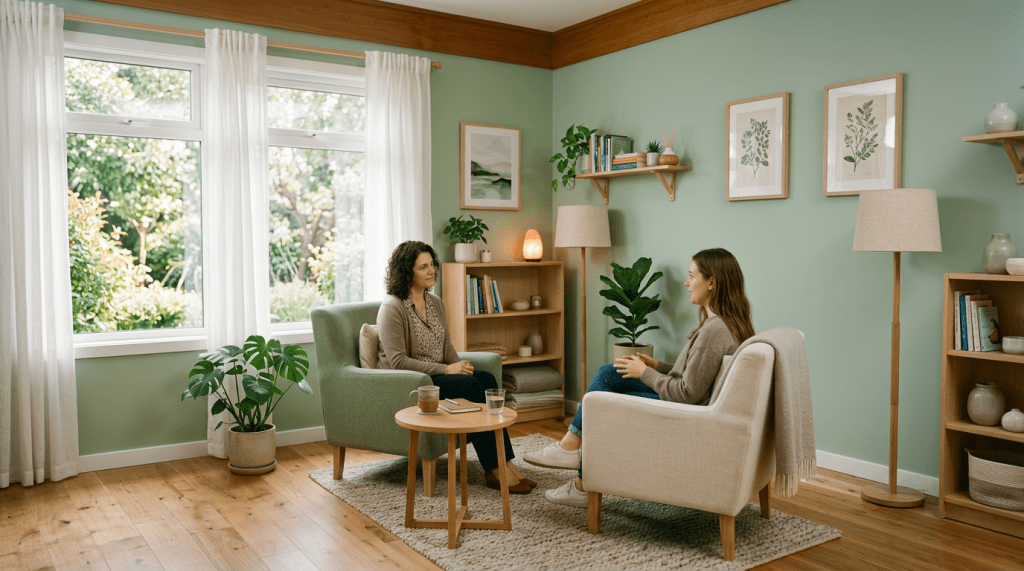 Two women sitting in armchairs facing each other in a cozy therapy room